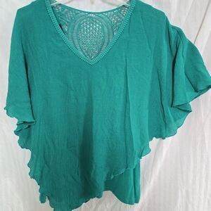 Teal Crochet-Detail Flutter Tunic